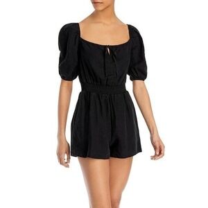 Bella Dahl Puff Sleeve Smocked‎ Linen Romper in Black Size Small